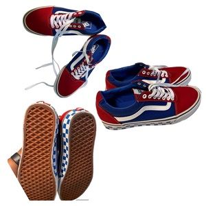 Red blue and white low top vans